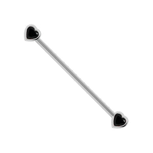 14k white gold industrial barbell featuring two black onyx heart gemstones in bezel settings