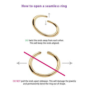 How to open a seamless ring diagram showing correct twist method and incorrect sideways pull