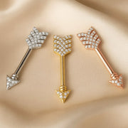 Diamond pavé arrow nipple barbells in all three metal options: 14k white, yellow, and rose gold