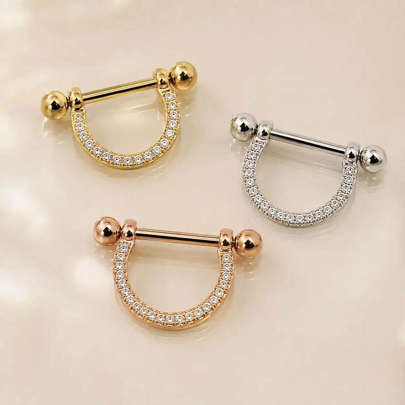 Diamond Pavé Stirrup Nipple Rings in 14K yellow, white, and rose gold
