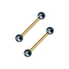 Pair of 14k yellow gold straight barbells with dark peacock pearl ends, 14G nipple ring set