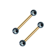Pair of 14k yellow gold straight barbells with dark peacock pearl ends, 14G nipple ring set