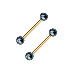 Pair of 14k yellow gold straight barbells with dark peacock pearl ends, 14G nipple ring set