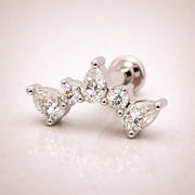 14k white gold diamond pear climber flat back stud, angled view highlighting pear and round diamond setting
