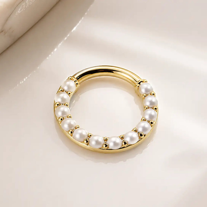Pearl clicker ring in solid 14k gold