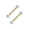 Pair of 14k yellow gold straight barbell nipple rings with white cultured pearl ends, front view