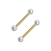 Pair of 14k yellow gold straight barbell nipple rings with white cultured pearl ends, front view