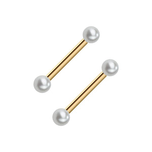 Pair of 14k yellow gold straight barbell nipple rings with white cultured pearl ends, front view