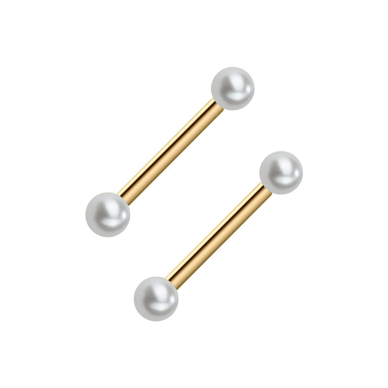 Pair of 14k yellow gold straight barbell nipple rings with white cultured pearl ends, front view