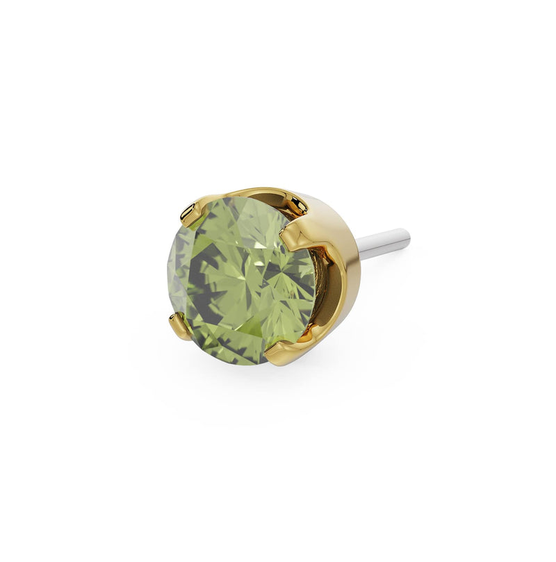 14k yellow gold 3mm peridot solitaire threadless stud end with bright yellow-green faceted stone