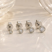 14K white gold diamond perlage stud earrings in three sizes showing graduated bead bezel settings