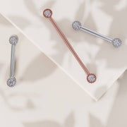 14K rose gold and white gold diamond perlage nipple barbells shown together, comparing metal color options