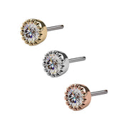 2.5mm diamond perlage push-pin ends in 14k yellow gold, white gold, and rose gold side by side