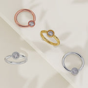 Diamond perlage fixed bead ring in all four metal options: rose gold, yellow gold, and two white gold styles