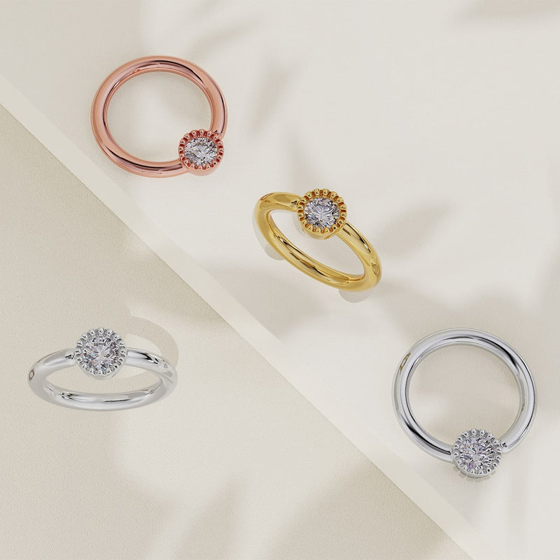 Diamond Perlage fixed bead rings in all four metal colors: rose gold, yellow gold, white gold, and silver