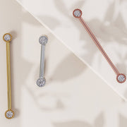 Diamond Perlage industrial barbells in 14k yellow, white, and rose gold shown side by side for color comparison