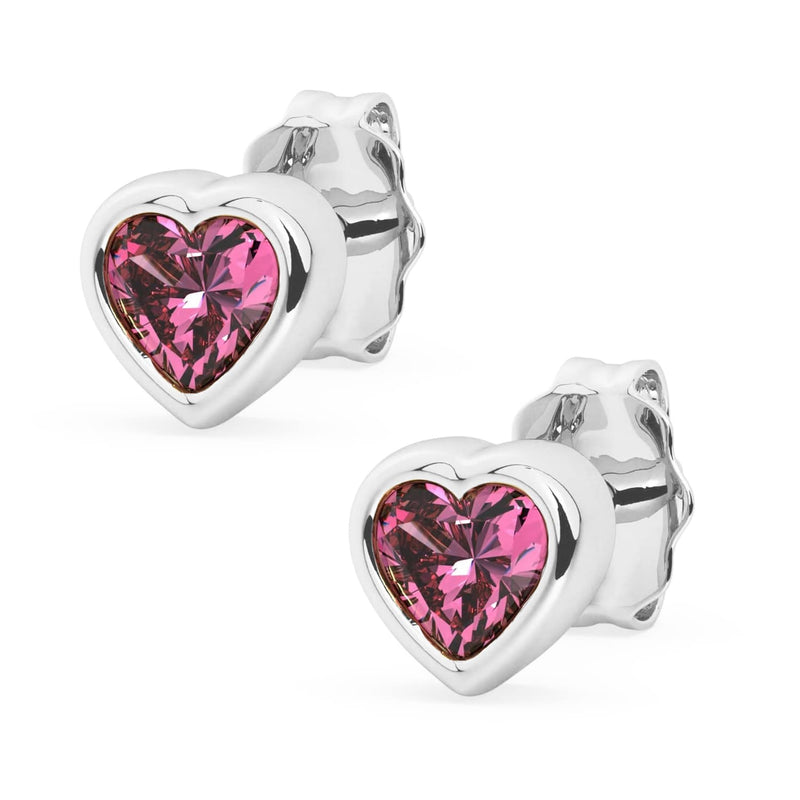 14k white gold pink sapphire heart stud earrings pair, vibrant pink bezel-set stones, front view
