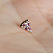 14K gold pizza slice labret top held on fingertip to show tiny actual size and scale