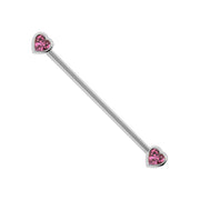 14k white gold industrial barbell with dual bezel-set pink sapphire heart ends, full length view