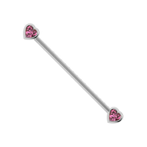14k white gold industrial barbell with dual bezel-set pink sapphire heart ends, full length view