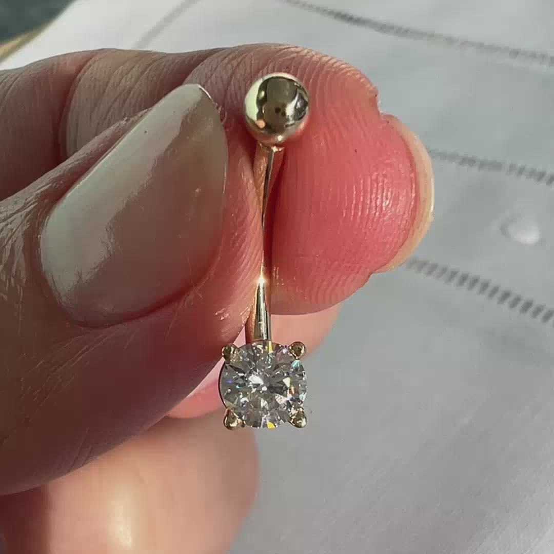 Round Solitaire Cubic Zirconia 14k Gold Belly Button Ring