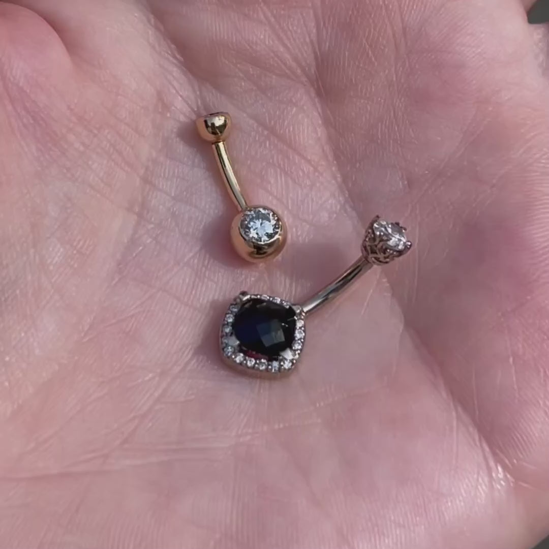 Black Onyx & Diamond Antiqued Cushion Cut 14k Gold Belly Ring video