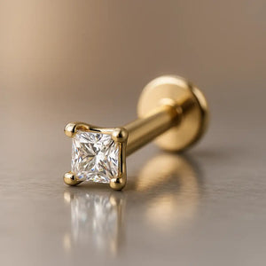 14k yellow gold 1.75mm princess-cut diamond flat back labret stud, angled studio shot
