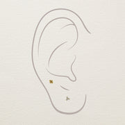 Illustrated ear diagram showing 14k gold quad bead cluster stud placed in a cartilage piercing for placement reference