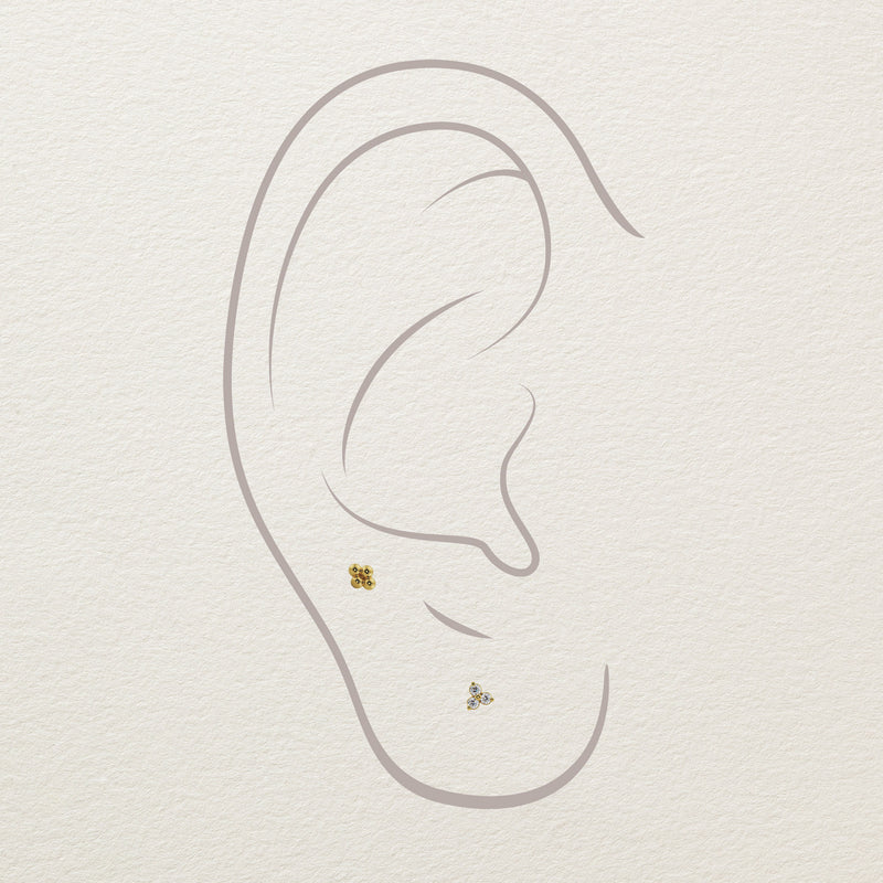 Illustrated ear diagram showing 14k gold quad bead cluster stud placed in a cartilage piercing for placement reference
