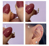 Four-step guide showing how to bend, insert, and wear a threadless push-pin flat back stud in a cartilage piercing