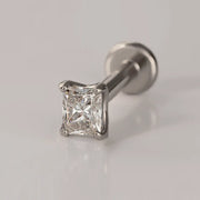 14k white gold 2.3mm radiant-cut diamond flat back labret stud, angled view on neutral background