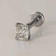 14k white gold radiant-cut diamond flat back labret stud, angled view with four-prong setting and flat disc