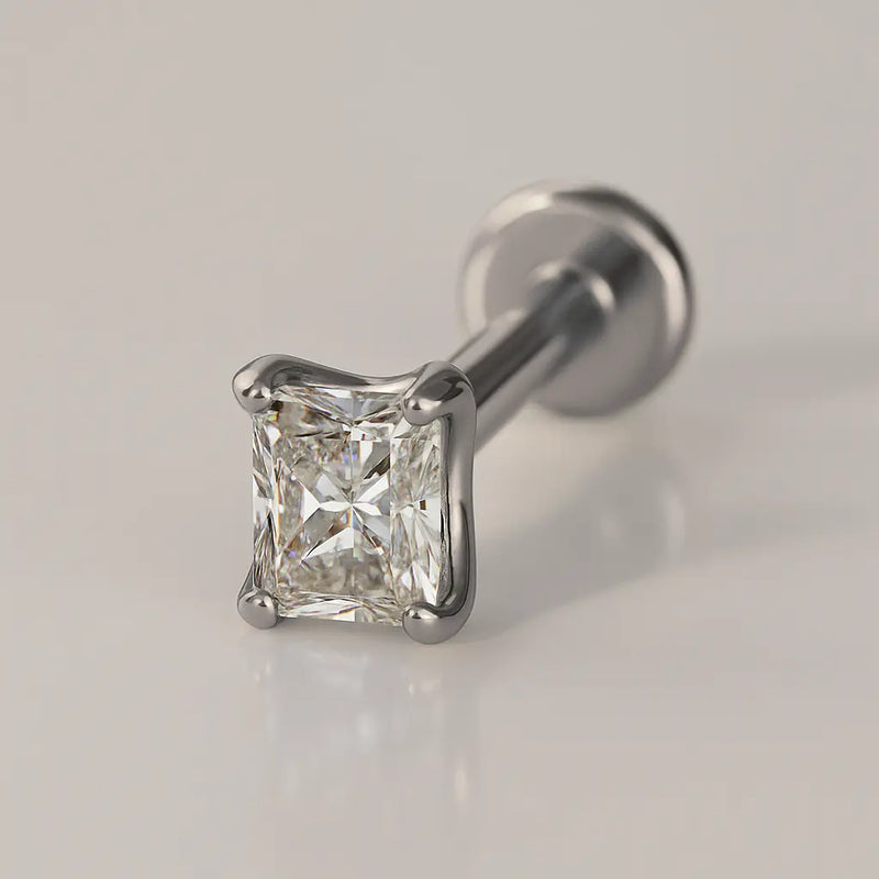 14k white gold radiant-cut diamond flat back labret stud, angled view with four-prong setting and flat disc
