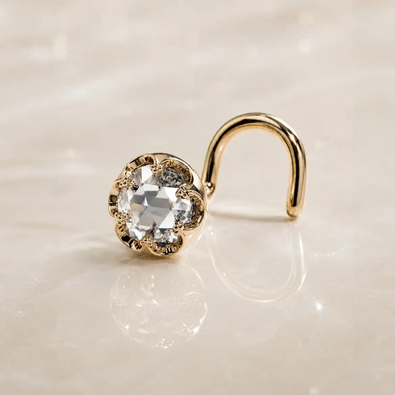 4mm Reina Rose Cut Diamond Nose Ring in solid 14k gold with crown-set rose cut diamond - for nostril piercings