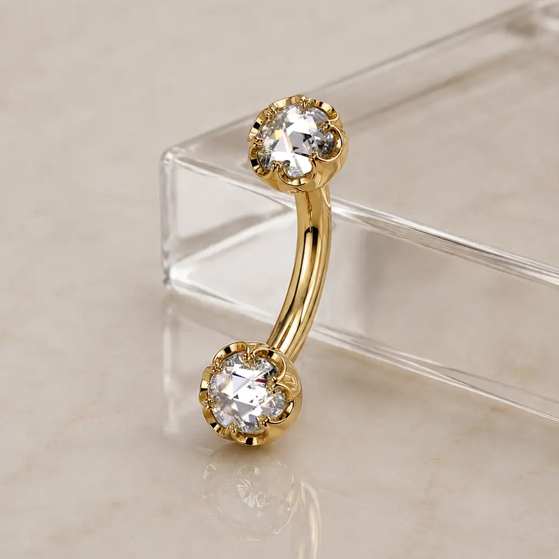 Reina Crown Diamond or Gemstone Curved Barbell in 14k gold - for navel, rook, or eyebrow piercings
