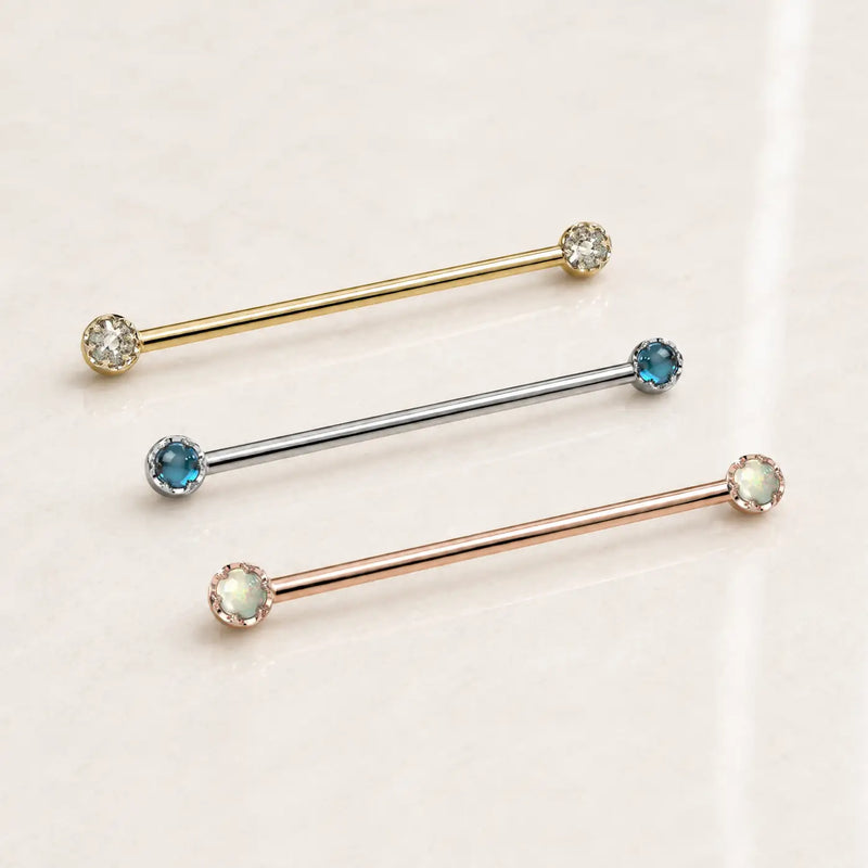 Reina Industrial Barbell in solid 14k gold with crown-set rose-cut diamond or natural gemstone - for ear industrial piercings