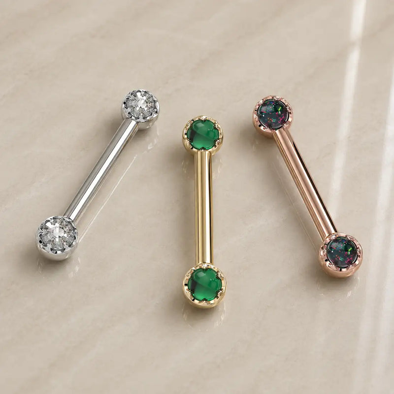 Reina Nipple Barbell in solid 14k gold with crown-set rose-cut diamond or natural gemstone - for nipple piercings