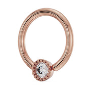 Side profile of 14k rose gold diamond perlage fixed bead ring highlighting the milgrain bead setting