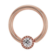14k rose gold diamond perlage fixed bead ring with milgrain bezel setting, front view