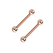 Pair of 14k rose gold straight barbell nipple rings, 14G 1/2 inch, front view on white background