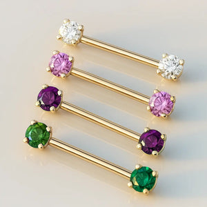 14K gold straight barbells in four CZ colors — clear, pink, purple, and green — shown together for comparison