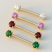 14k yellow gold straight barbells in multiple CZ colors including red, pink, clear, and green