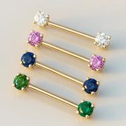 14k yellow gold CZ straight barbells in four colors: clear, pink, blue, and green, stacked comparison