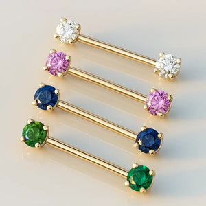 14k yellow gold CZ straight barbells in four colors: clear, pink, blue, and green, stacked comparison
