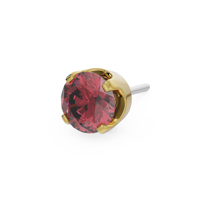 14k yellow gold 3mm rhodolite solitaire threadless stud end with deep raspberry-pink faceted stone