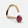 14K rose gold genuine ruby nose ring twist style, angled view showing spiral post and prong-set red stone