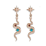 14K rose gold snake drop earrings with natural turquoise and ruby stones, north star stud top, pair view