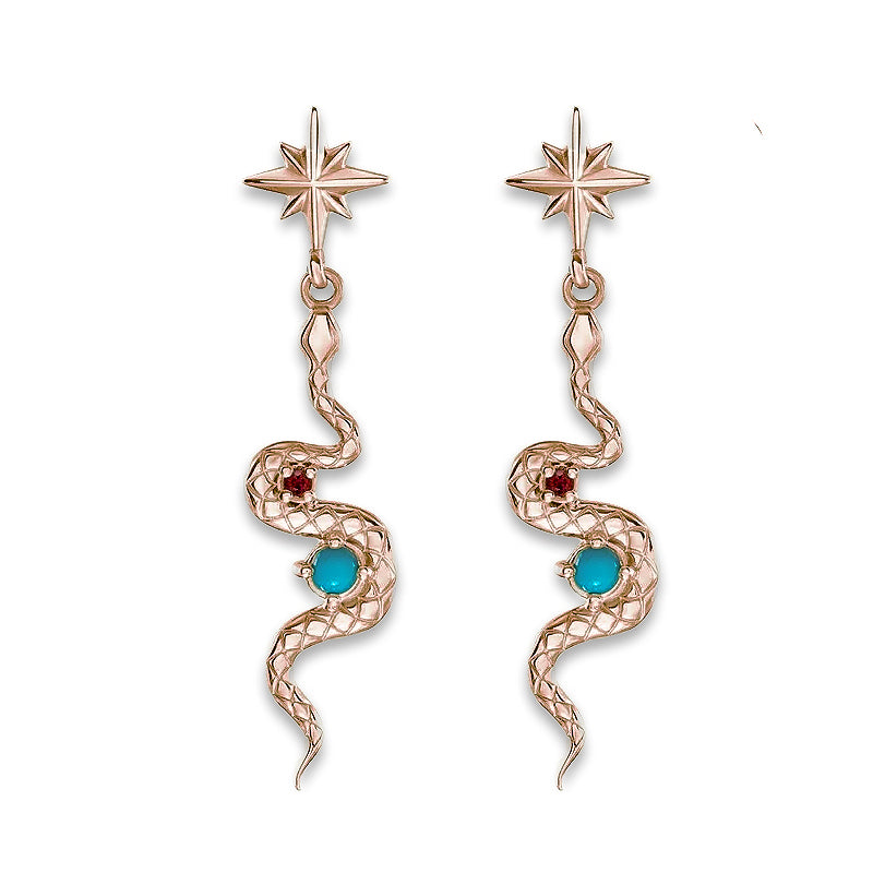 14K rose gold snake drop earrings with natural turquoise and ruby stones, north star stud top, pair view