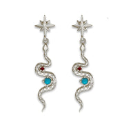 14K white gold snake earrings with natural turquoise cabochon and ruby, star stud top, pair view