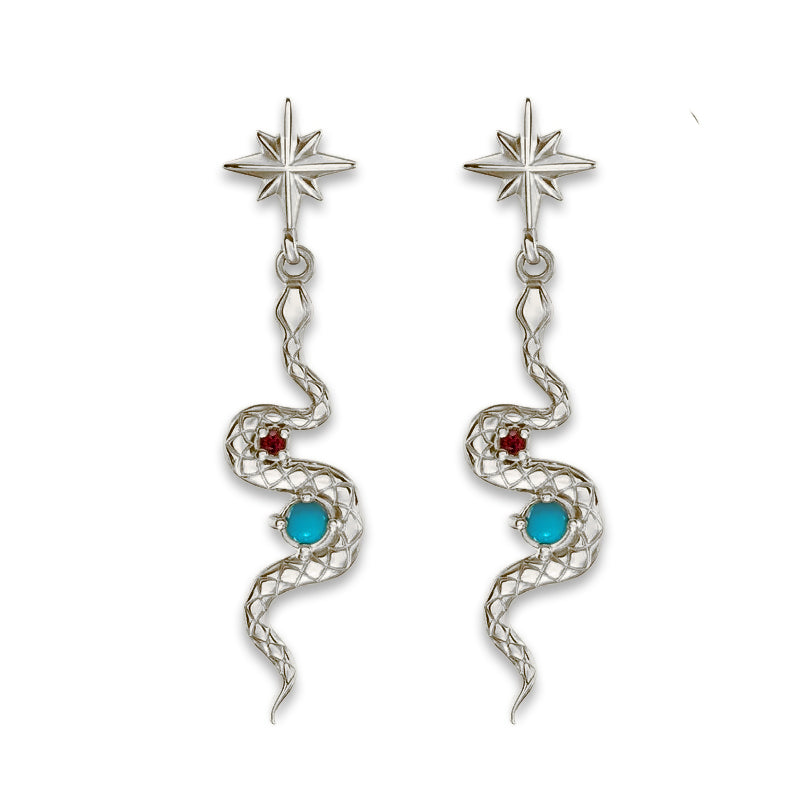 14K white gold snake earrings with natural turquoise cabochon and ruby, star stud top, pair view